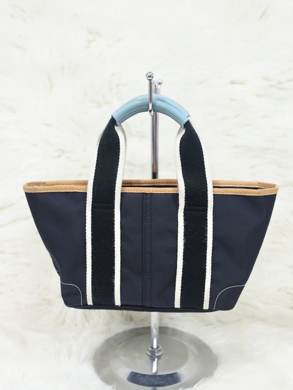 Coach Mini Tote Bag Black Nylon Leather Trim Striped Handles Purse